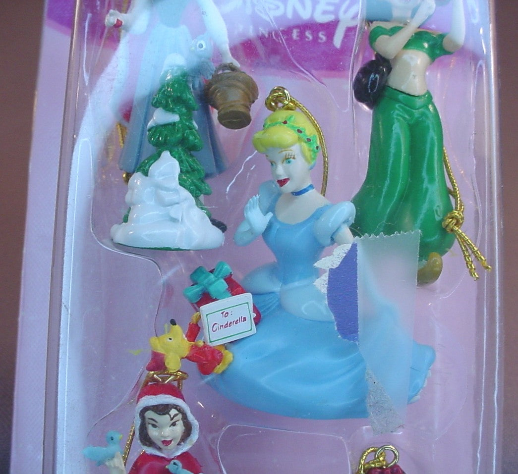 Disney Princesses Package Of 5 Figures Christmas Ornaments Or Decorations In The Original Sealed Package, Enesco, The Cardboard Corners Are Turned A Bit, The Figures Are 1 1/2 To 2 Inches Tall
