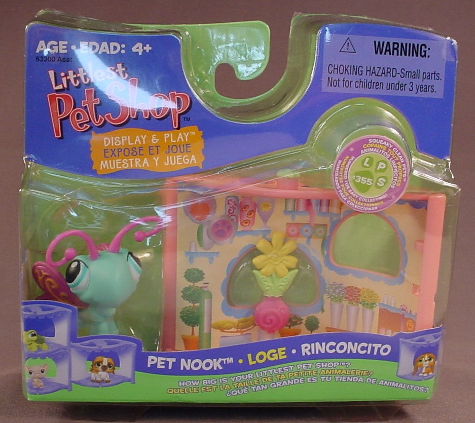 Littlest Pet Shop #355 Blue Butterfly With The Display & Play Pet Nook In The Original Sealed Package, Squeaky Clean Pets, 2007 Hasbro
