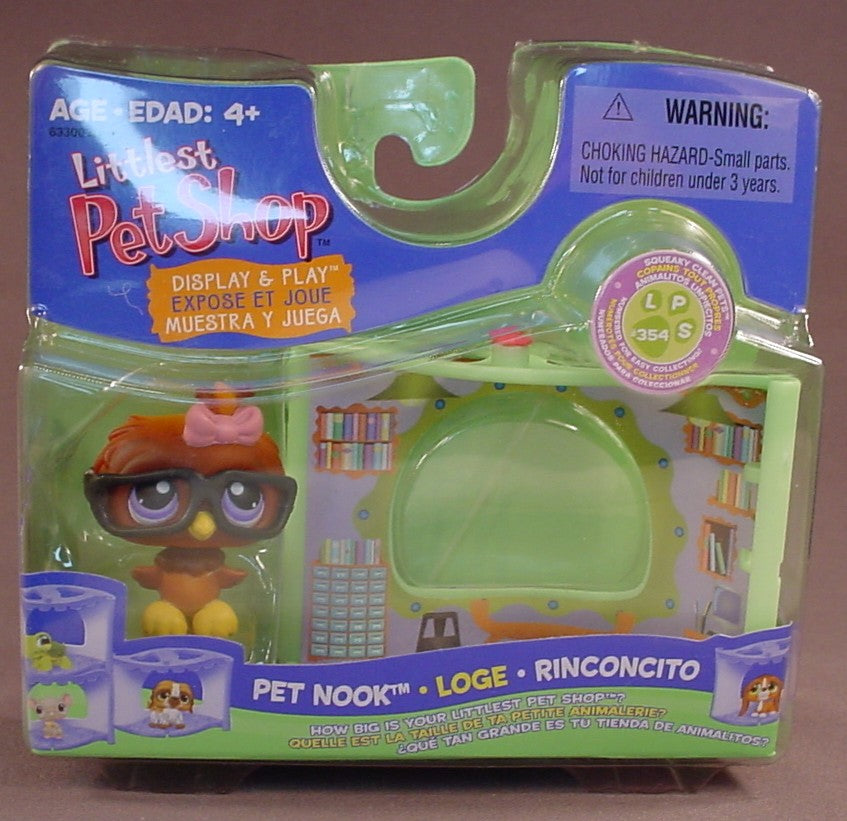 Littlest Pet Shop #354 Brown Owl Bird With The Display & Play Pet Nook In The Original Sealed Package, Squeaky Clean Pets, 2007 Hasbro