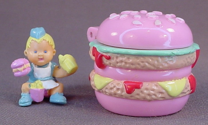 Mimi And The Go Goos Mini Polly Pocket Style Hamburger And The Scoffy Doll Or Figure, 1994 Blue Bird Toys, Mattel, The Hamburger Is About 1 1/4 Inches Tall, The Doll Is 1 Inch Tall, The Head Swivels, Bluebird, Vintage, Figurine