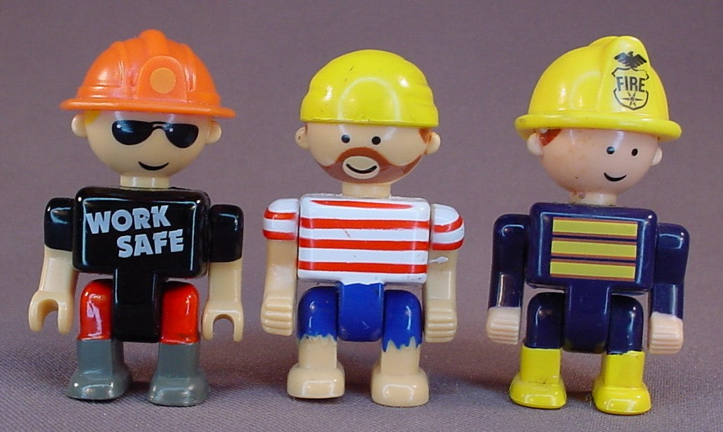 K'Nex Lot Of 3 Little People Figures, Fireman, Pirate, Construction Worker, 2 1/2 Inches Tall, The Head Arms & Legs Move, Knex