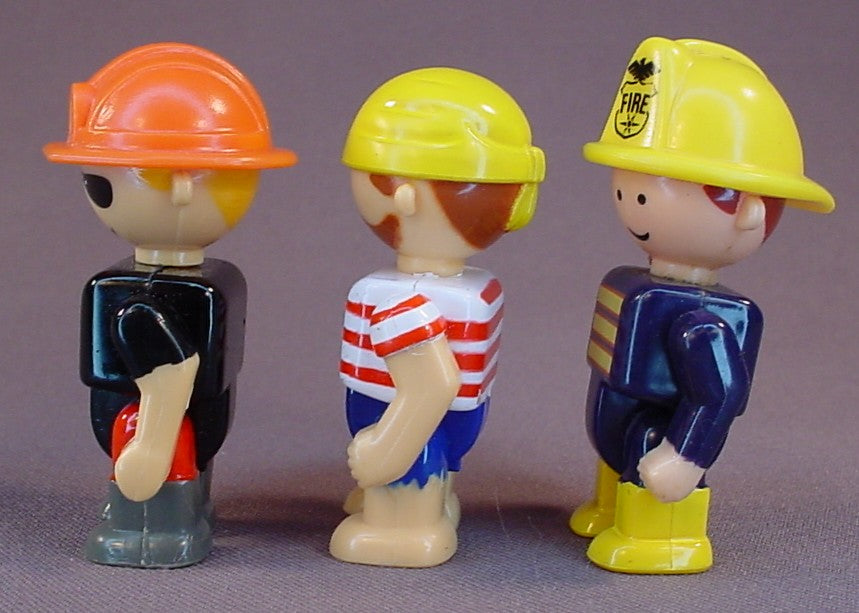 K'Nex Lot Of 3 Little People Figures, Fireman, Pirate, Construction Worker, 2 1/2 Inches Tall, The Head Arms & Legs Move, Knex