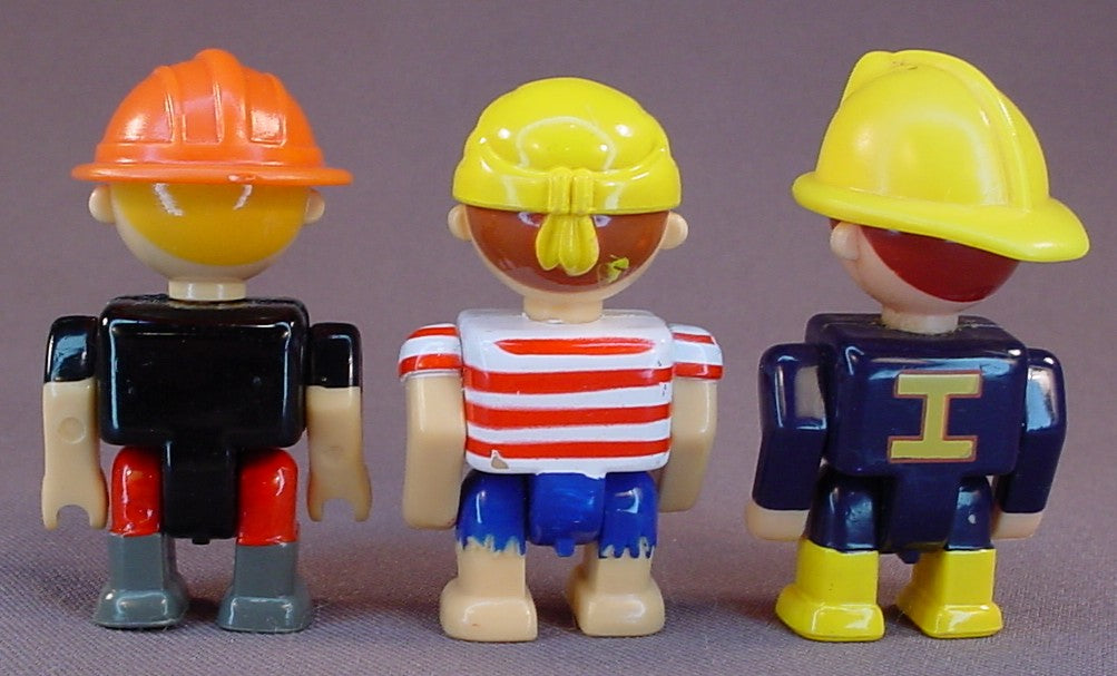 K'Nex Lot Of 3 Little People Figures, Fireman, Pirate, Construction Worker, 2 1/2 Inches Tall, The Head Arms & Legs Move, Knex