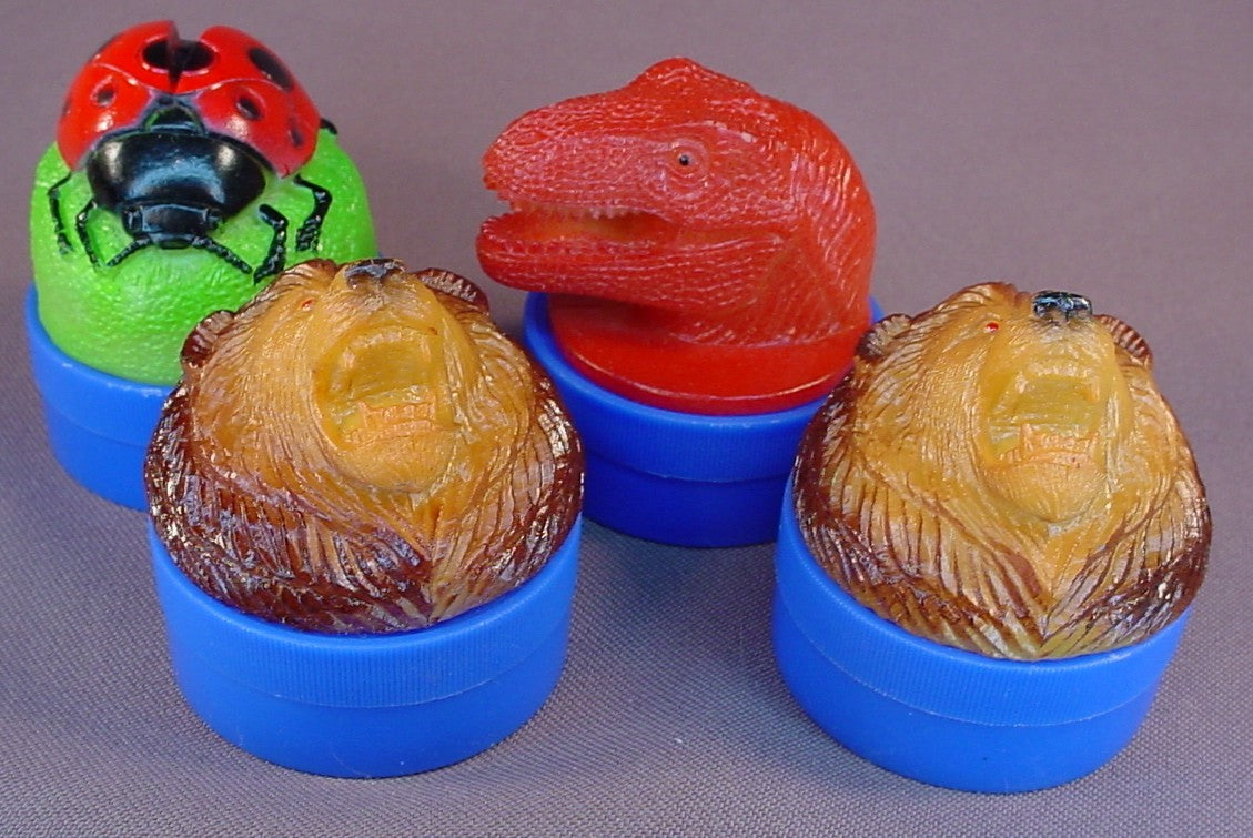 Imperial Creatures Of The World Animal Toppers For Carry Cases, Lot Of 4, 2009 Imperial, Tops For The Plastic Tubes, 2 Inches Across, 2 1/4 Inches Tall, 2 Grizzly Bears, Ladybug, Dinosaur