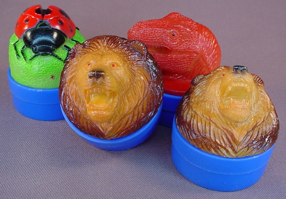 Imperial Creatures Of The World Animal Toppers For Carry Cases, Lot Of 4, 2009 Imperial, Tops For The Plastic Tubes, 2 Inches Across, 2 1/4 Inches Tall, 2 Grizzly Bears, Ladybug, Dinosaur