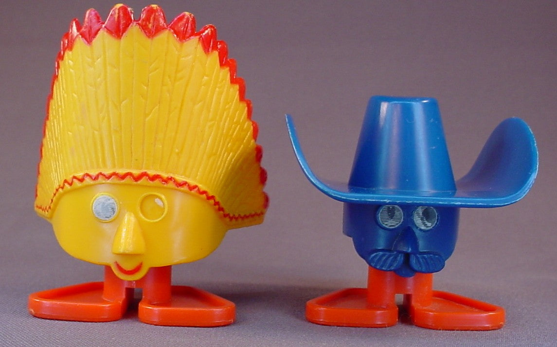 Wild West Wheelies Cowboy & Indian Toys, 1953 Irwin Toys, 2 5/8 And 3 1/2 Inches Tall, One Figure Is Missing A Glued On Eye, Archer Plastics, A Child Guidance Toy, Vintage