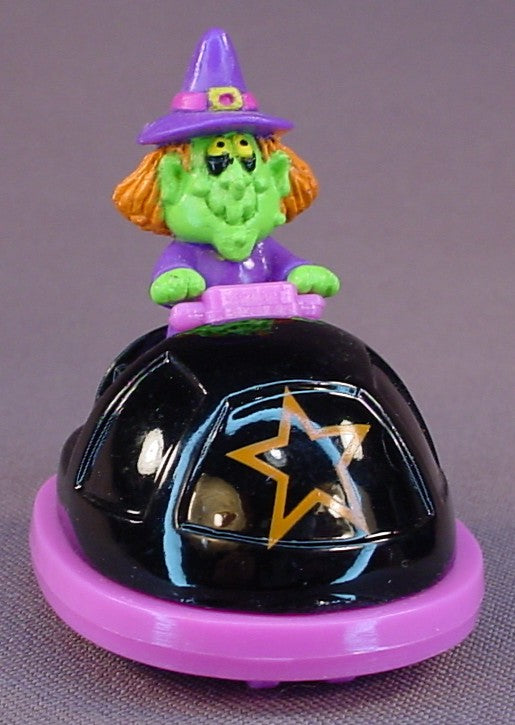 Russ Berrie Mini Rev-Up Cars Halloween Witch In A Black Bumper Car, 1990's, Has A Pull Back Motor, When It Hits Something It Rolls Backward, 2 1/8 Inches Long, Vintage Pullback Toy