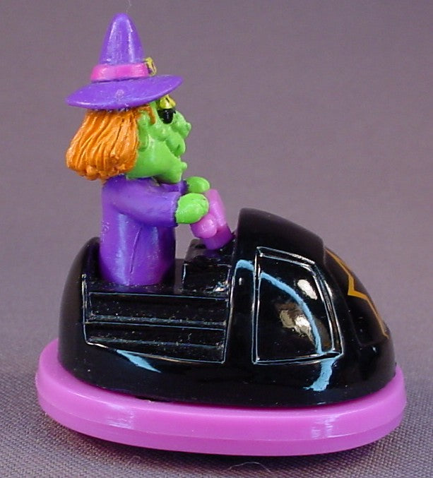 Russ Berrie Mini Rev-Up Cars Halloween Witch In A Black Bumper Car, 1990's, Has A Pull Back Motor, When It Hits Something It Rolls Backward, 2 1/8 Inches Long, Vintage Pullback Toy