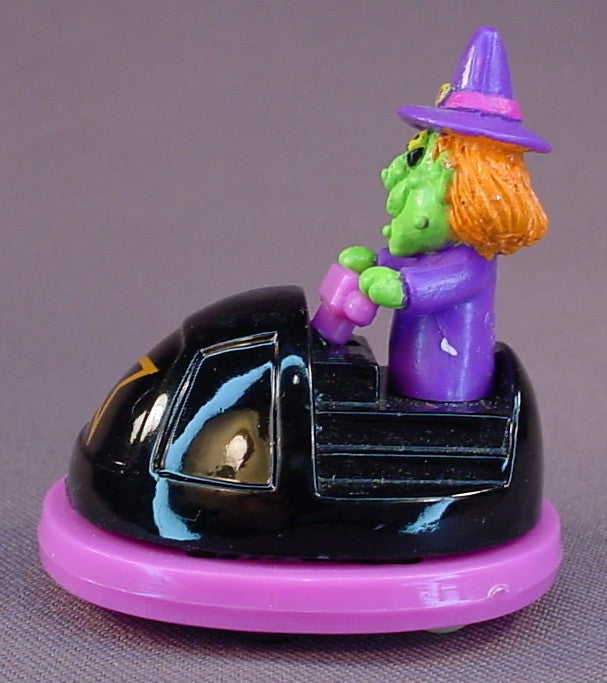 Russ Berrie Mini Rev-Up Cars Halloween Witch In A Black Bumper Car, 1990's, Has A Pull Back Motor, When It Hits Something It Rolls Backward, 2 1/8 Inches Long, Vintage Pullback Toy
