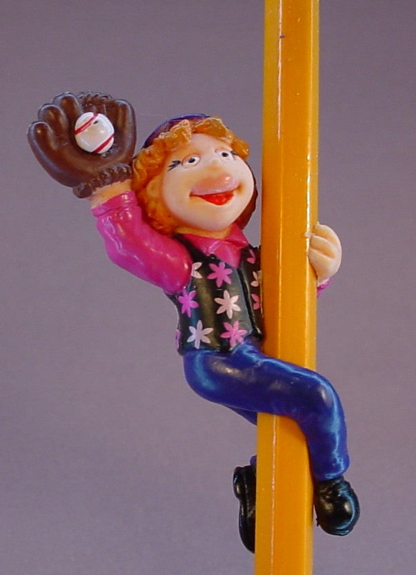The Puzzle Place TV Show Jodi Pencil Topper PVC Figure, 2 1/2 Inches Tall, PBS, Wearing A Baseball Glove And Catching A Ball, Straw Rider