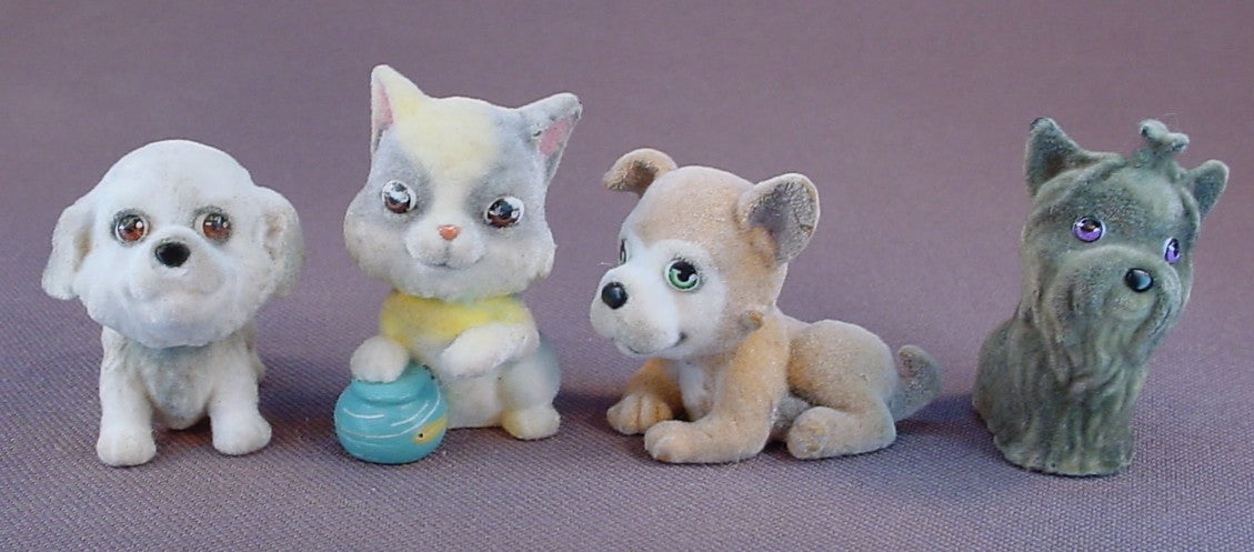 Puppy In My Pocket Lot Of 4 Flocked Or Fuzzy Animal Figures, Kitty In My Pocket, 3 Dogs And 1 Cat, Vintage, M.E.G.