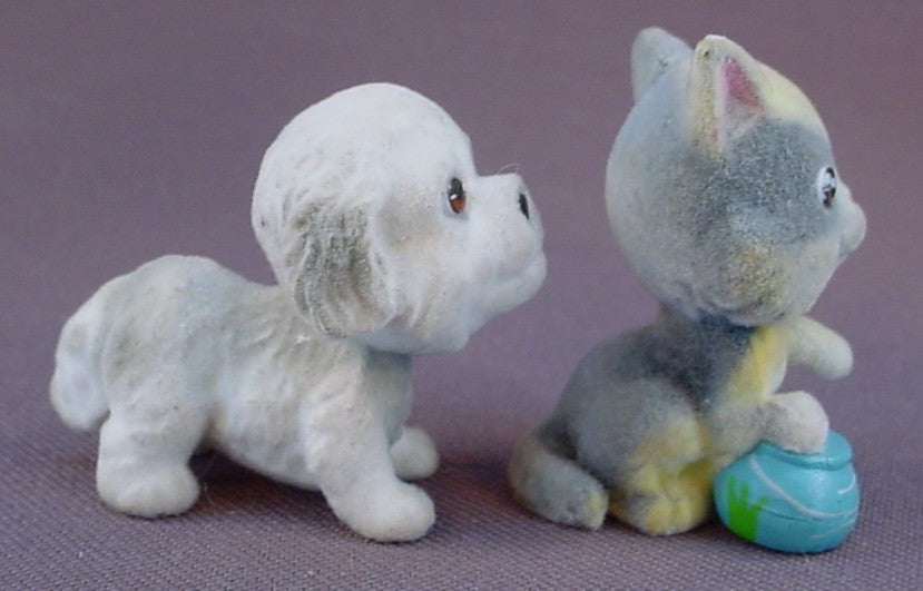 Puppy In My Pocket Lot Of 4 Flocked Or Fuzzy Animal Figures, Kitty In My Pocket, 3 Dogs And 1 Cat, Vintage, M.E.G.