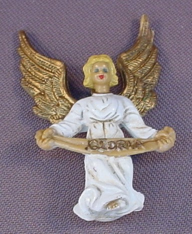 Gloria Angel With Gold Wings PVC Figure From A Nativity Set, Holding A Banner With Gloria On It, 2 3/8 Inches Tall, Vintage