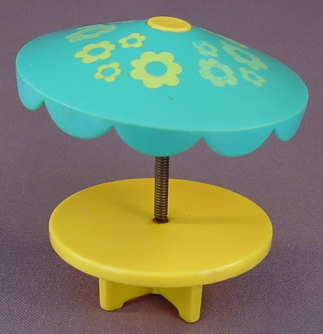 Fisher Price Vintage Yellow Round Table With Turquoise Umbrella With Flowers