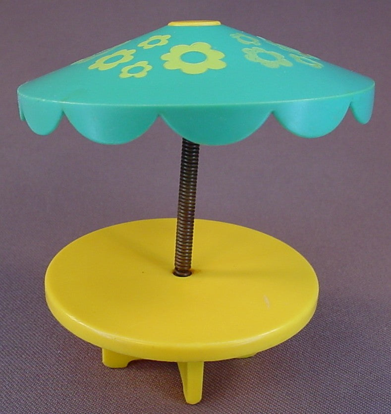 Fisher Price Vintage Yellow Round Table With Turquoise Umbrella With Flowers