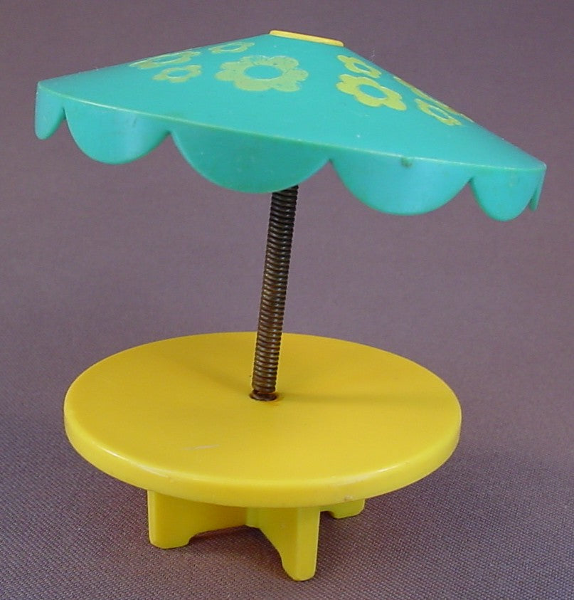 Fisher Price Vintage Yellow Round Table With Turquoise Umbrella With Flowers