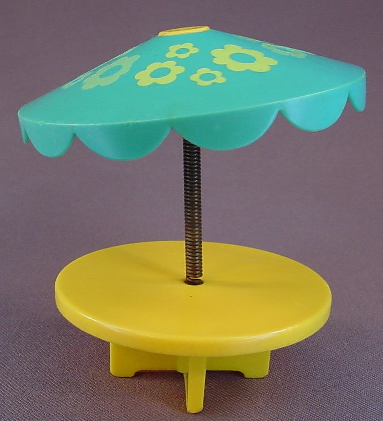 Fisher Price Vintage Yellow Round Table With Turquoise Umbrella With Flowers