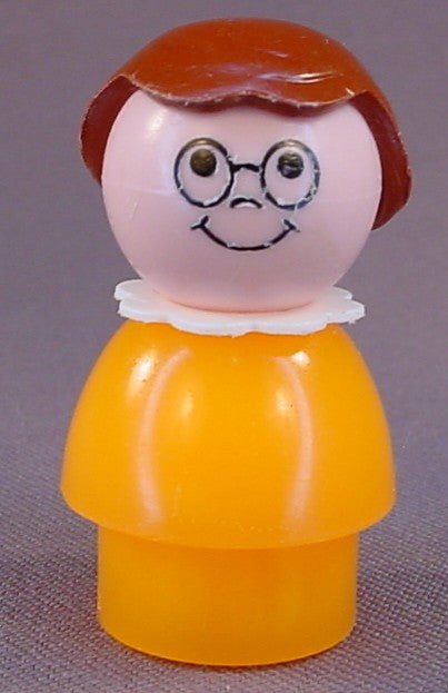 Fisher Price Vintage Girl With Brown Hair & Glasses, White Collar, Orange Body, 2550 School