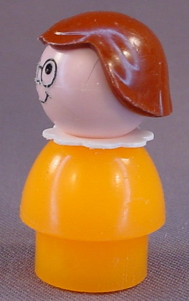 Fisher Price Vintage Girl With Brown Hair & Glasses, White Collar, Orange Body, 2550 School