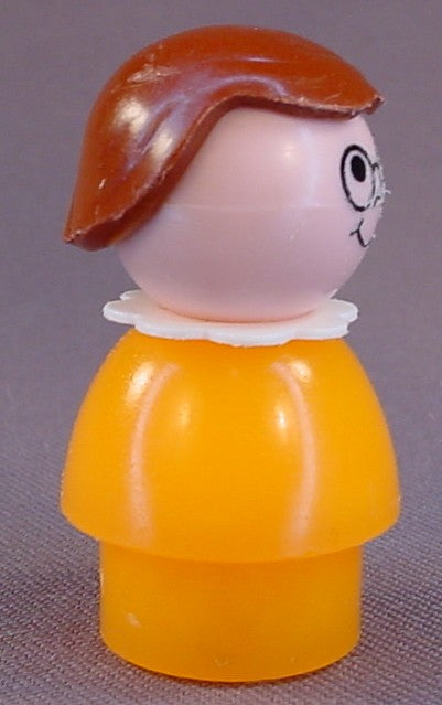 Fisher Price Vintage Girl With Brown Hair & Glasses, White Collar, Orange Body, 2550 School