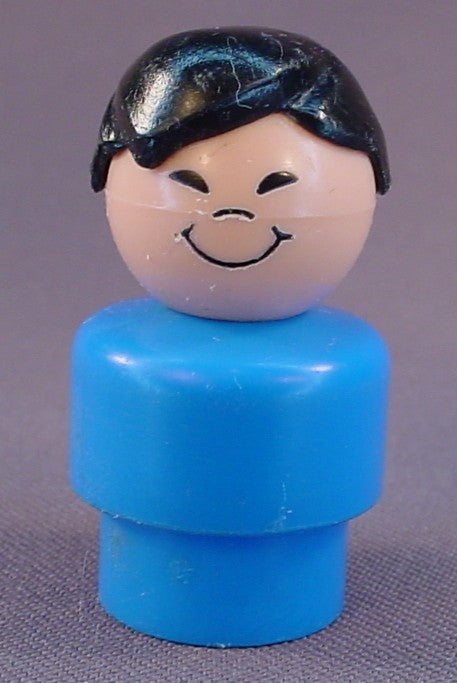 Fisher Price Vintage Boy With Asian Eyes, Full Head Of Molded Black Hair, Blue Body, 2504