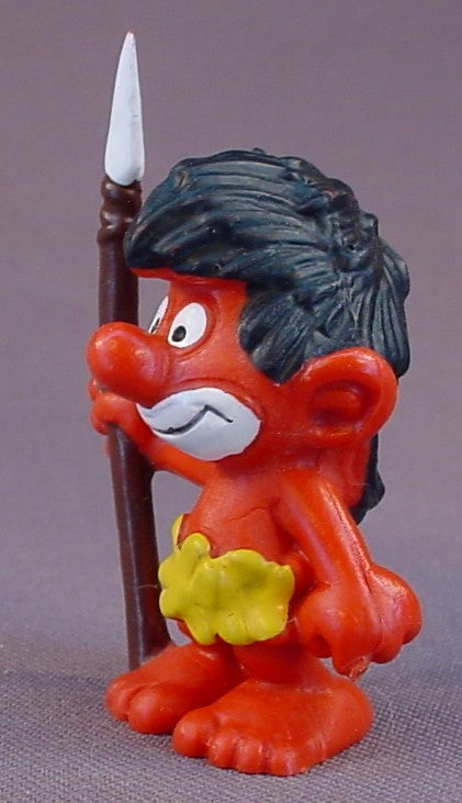 Jungle Smurf Holding A Spear PVC Figure, #20069, 1973 W. Germany, Peyo, Bully, Wild Smurf, Swoof Smurf, Schlips, Smurfs, Figurine