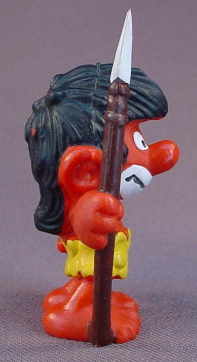 Jungle Smurf Holding A Spear PVC Figure, #20069, 1973 W. Germany, Peyo, Bully, Wild Smurf, Swoof Smurf, Schlips, Smurfs, Figurine