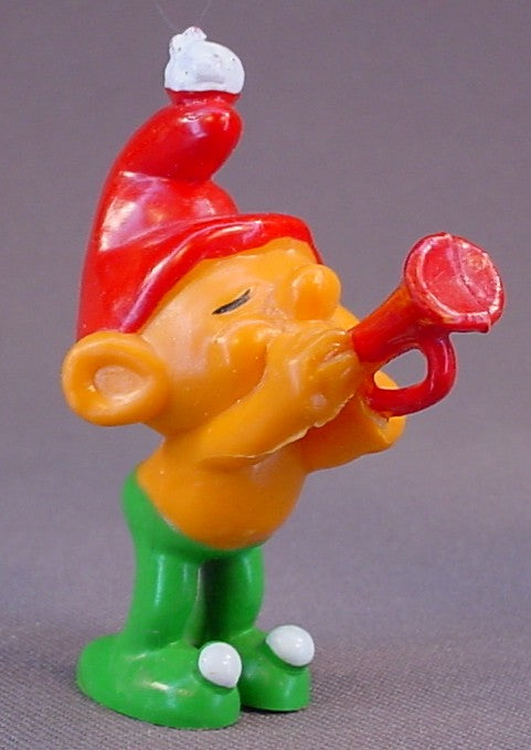 Gnome Family Orange & Green Gnome Playing A Trumpet PVC Figure, 2 1/2 Inches Tall, 1978 Empire, The Gnome Family Is Similar To Smurfs But Have Pom Poms On Their Shoes & Hats