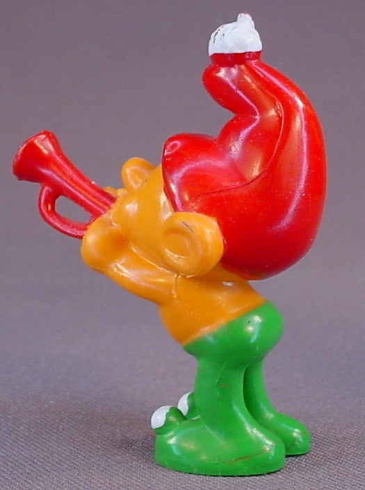 Gnome Family Orange & Green Gnome Playing A Trumpet PVC Figure, 2 1/2 Inches Tall, 1978 Empire, The Gnome Family Is Similar To Smurfs But Have Pom Poms On Their Shoes & Hats