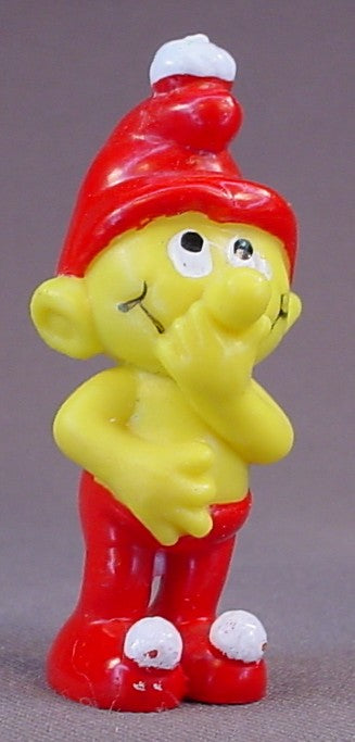 Gnome Family Yellow & Red Gnome With His Hands Over His Mouth PVC Figure, 2 1/2 Inches Tall, 1978 Empire, The Gnome Family Is Similar To Smurfs But Have Pom Poms On Their Shoes & Hats