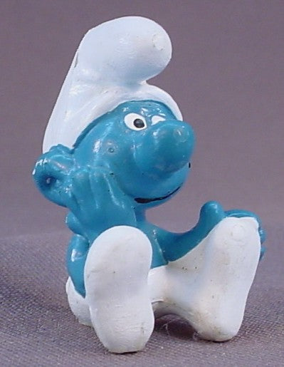 Thinker Smurf Sitting With His Face In His Hands PVC Figure, Thinking, #20027, 1978 Peyo Schleich, W. Germany, Yellow Dot, Smurfs, Vintage, Figurine