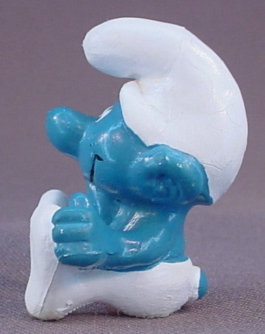 Thinker Smurf Sitting With His Face In His Hands PVC Figure, Thinking, #20027, 1978 Peyo Schleich, W. Germany, Yellow Dot, Smurfs, Vintage, Figurine