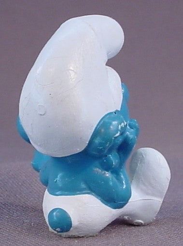 Thinker Smurf Sitting With His Face In His Hands PVC Figure, Thinking, #20027, 1978 Peyo Schleich, W. Germany, Yellow Dot, Smurfs, Vintage, Figurine