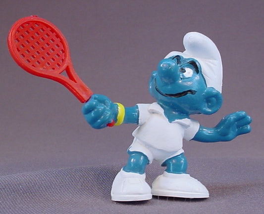 Smurf Tennis Player With A Red Racquet PVC Figure, #20049, 1979 Peyo Schleich, W. Germany, Smurfs, Vintage, Figurine