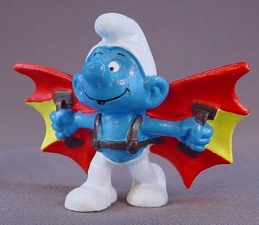 Hang Glider Smurf With Red & Yellow Bat Wings With Brown Straps PVC Figure, #20036, 1978 Peyo Schleich, W. Germany, Smurfs, Vintage, Figurine