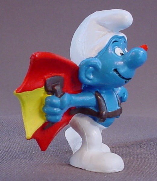 Hang Glider Smurf With Red & Yellow Bat Wings With Brown Straps PVC Figure, #20036, 1978 Peyo Schleich, W. Germany, Smurfs, Vintage, Figurine