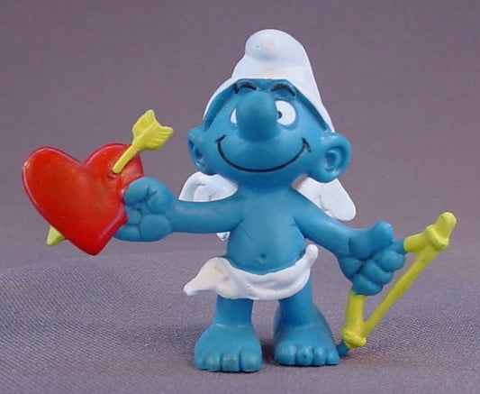 Smurf Cupid With A Red Heart & A Bow PVC Figure, Amour, #20128, 1981 Peyo Schleich, W. Germany, Yellow Dot, Smurfs, Vintage, Figurine