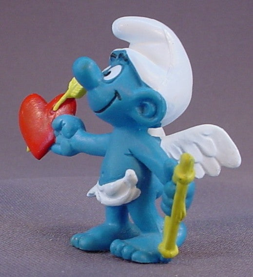 Smurf Cupid With A Red Heart & A Bow PVC Figure, Amour, #20128, 1981 Peyo Schleich, W. Germany, Yellow Dot, Smurfs, Vintage, Figurine