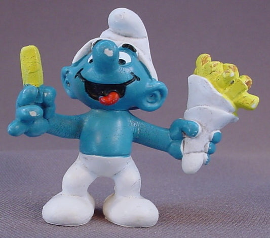 Smurf Eating French Fries PVC Figure, #20131, 1981 Peyo Schleich, W. Germany, Mustard Yellow Dot, Smurfs, Vintage, Figurine