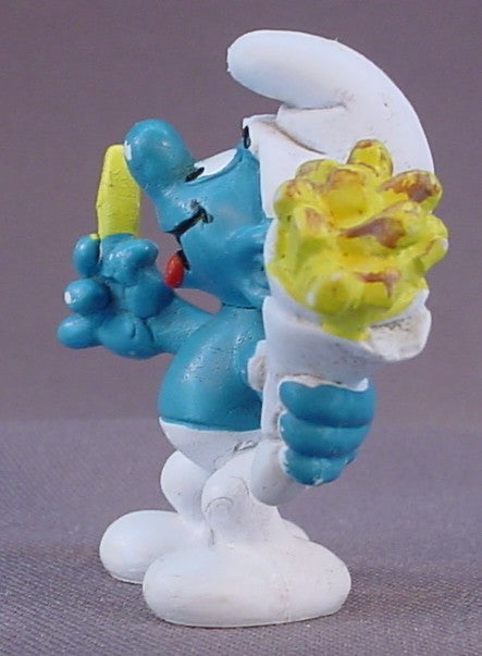 Smurf Eating French Fries PVC Figure, #20131, 1981 Peyo Schleich, W. Germany, Mustard Yellow Dot, Smurfs, Vintage, Figurine