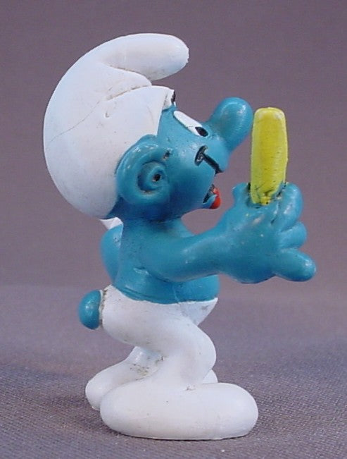 Smurf Eating French Fries PVC Figure, #20131, 1981 Peyo Schleich, W. Germany, Mustard Yellow Dot, Smurfs, Vintage, Figurine