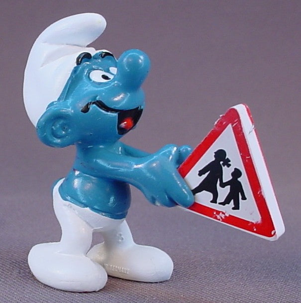 Traffic Sign Smurf Holding A Triangle Children Crossing Sign PVC Figure, #20155, 1983 Peyo Schleich, W. Germany, Crossing Guard, Smurfs, Vintage, Figurine
