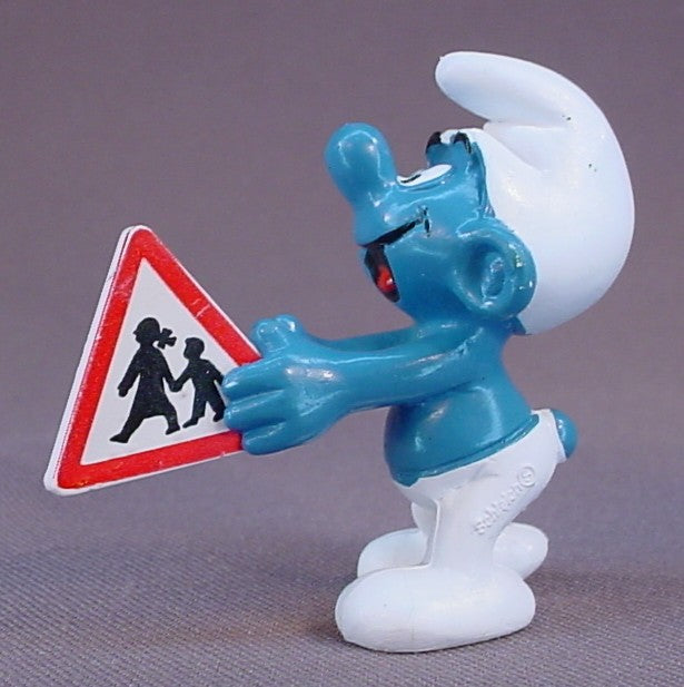 Traffic Sign Smurf Holding A Triangle Children Crossing Sign PVC Figure, #20155, 1983 Peyo Schleich, W. Germany, Crossing Guard, Smurfs, Vintage, Figurine