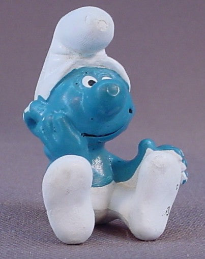 Thinker Smurf Sitting With His Face In His Hands PVC Figure, Thinking, #20027, 1978 Peyo Schleich, W. Germany, Yellow Dot, Smurfs, Vintage, Figurine
