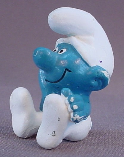 Thinker Smurf Sitting With His Face In His Hands PVC Figure, Thinking, #20027, 1978 Peyo Schleich, W. Germany, Yellow Dot, Smurfs, Vintage, Figurine