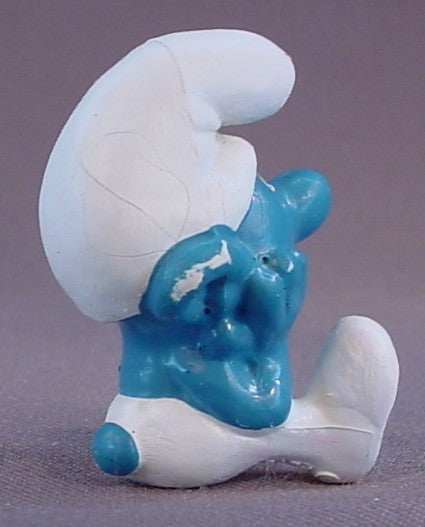 Thinker Smurf Sitting With His Face In His Hands PVC Figure, Thinking, #20027, 1978 Peyo Schleich, W. Germany, Yellow Dot, Smurfs, Vintage, Figurine