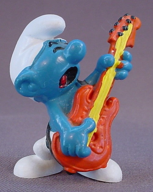 Rock 'N Roll Smurf Playing An Electric Guitar PVC Figure, #20023, 1977 Peyo Schleich, W. Germany, Smurfs, Vintage, Figurine