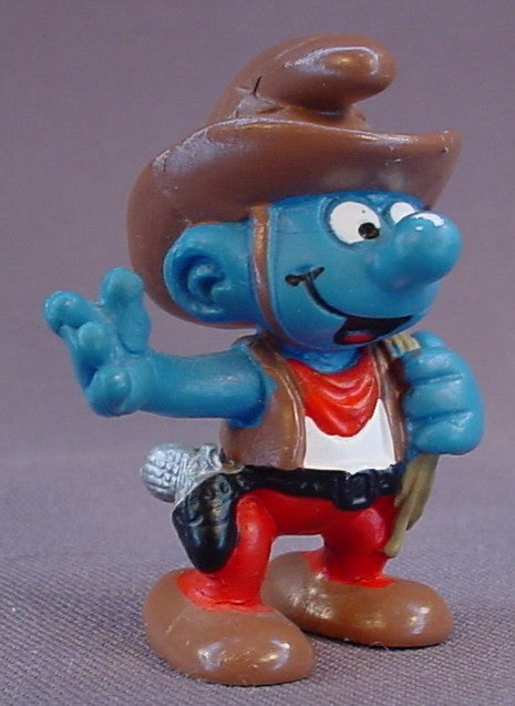 Cowboy Smurf With A Brown Hat & A Pistol PVC Figure, #20122, 1981 Peyo Schleich, W. Germany, Mustard Yellow Dot, Smurfs, Vintage, Figurine