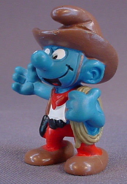 Cowboy Smurf With A Brown Hat & A Pistol PVC Figure, #20122, 1981 Peyo Schleich, W. Germany, Mustard Yellow Dot, Smurfs, Vintage, Figurine