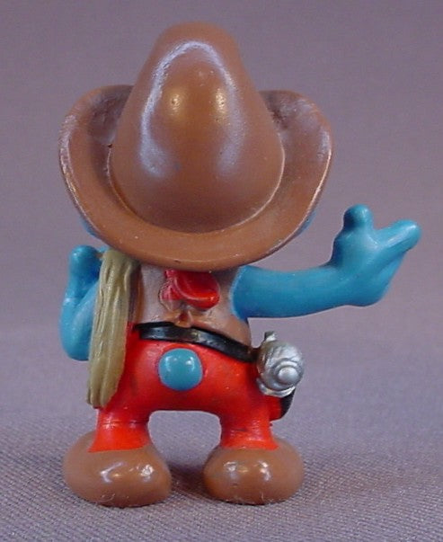 Cowboy Smurf With A Brown Hat & A Pistol PVC Figure, #20122, 1981 Peyo Schleich, W. Germany, Mustard Yellow Dot, Smurfs, Vintage, Figurine